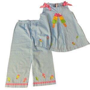 Rare Editions blue gingham ice cream embroidered tank shirt pant‎ set SIZE 6
